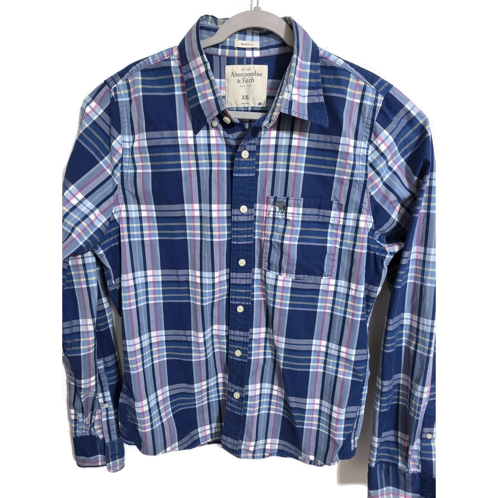 Abercrombie & Fitch Shirt Mens 2XL Blue Plaid Long Sleeve Button Front Casual